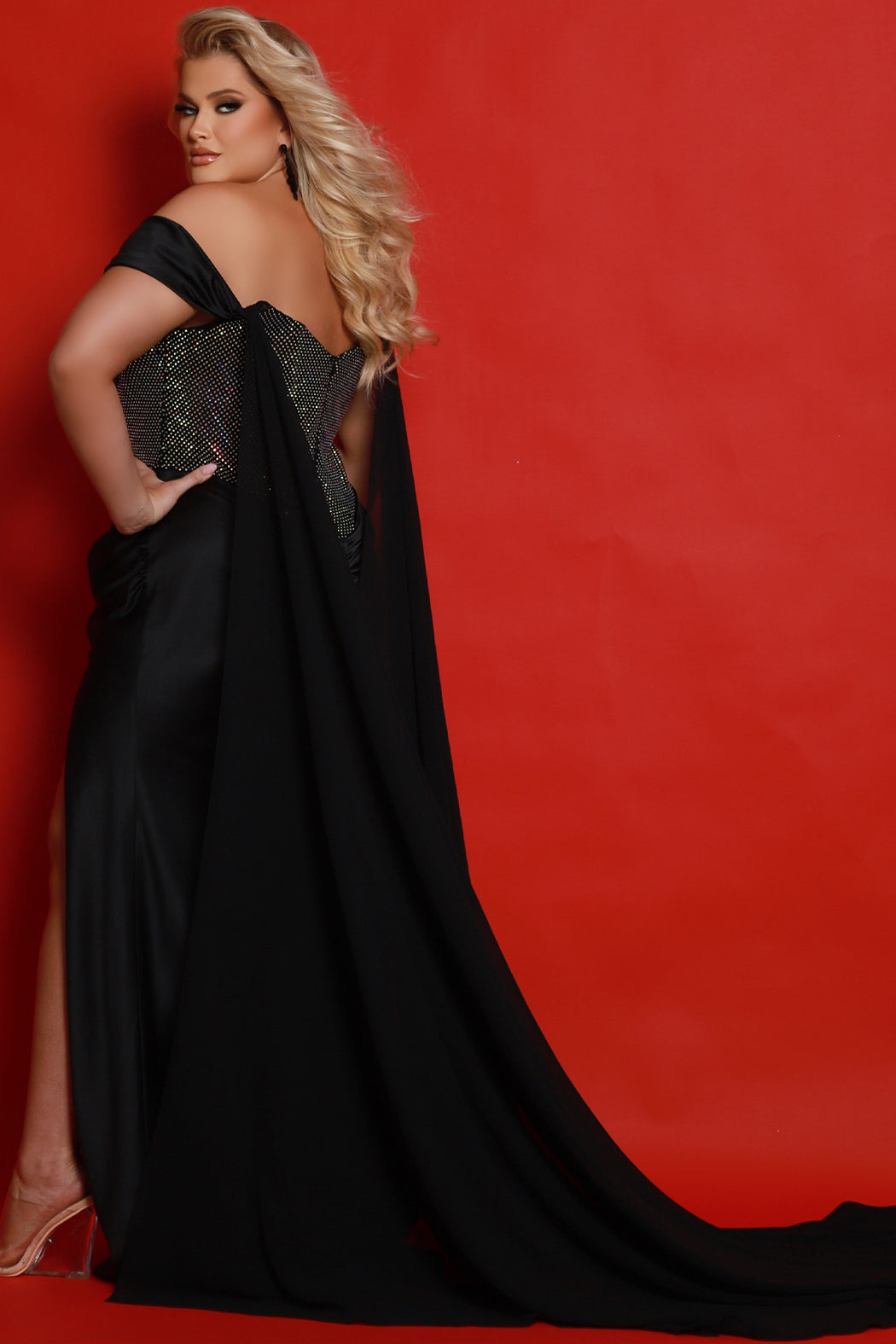 Prom Dresses Fitted Long Ruched Formal Pleated Slit Prom Plus Size Dress Onyx