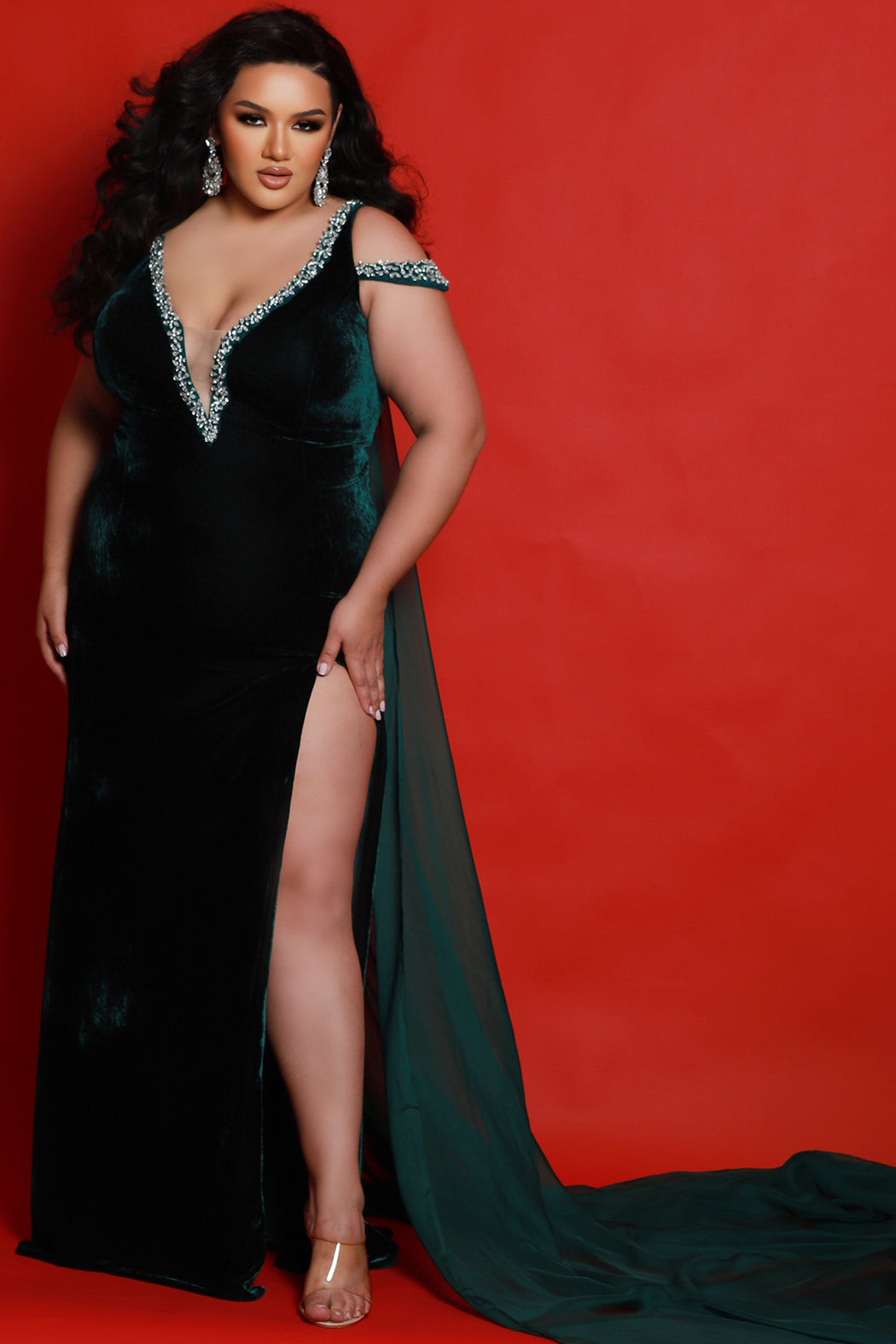 Plus Size Dresses Long Formal Velvet Slit Plus Size Beaded Evening Prom Dress Forest