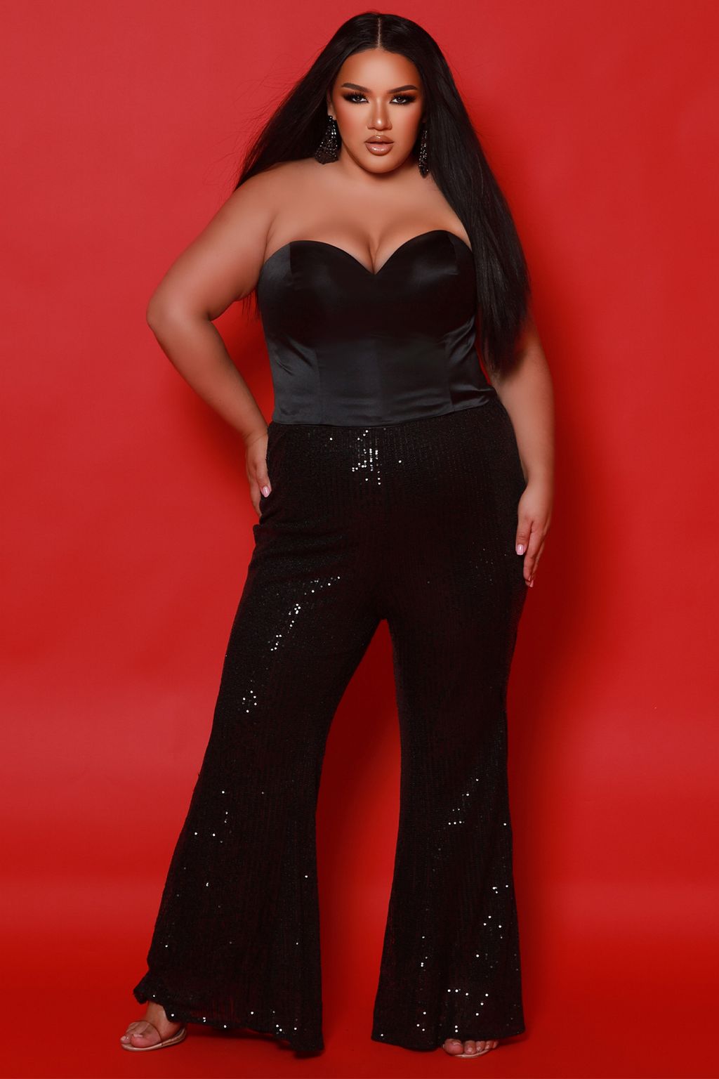 Plus Size Dresses Long Sequin Three Piece Suit Formal Plus Size Jumpsuit  Black