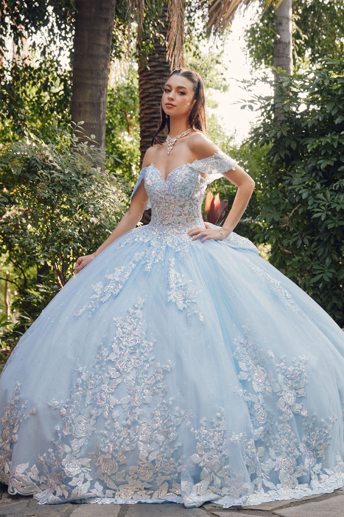 Quinceniera Dresses Long Trail Glitter Quinceanera Ball Gown Bahama Blue