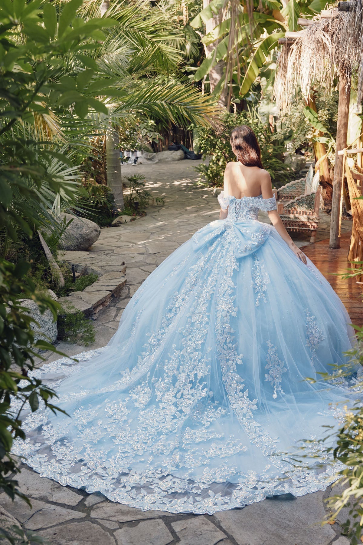 Quinceniera Dresses Long Trail Glitter Quinceanera Ball Gown Bahama Blue