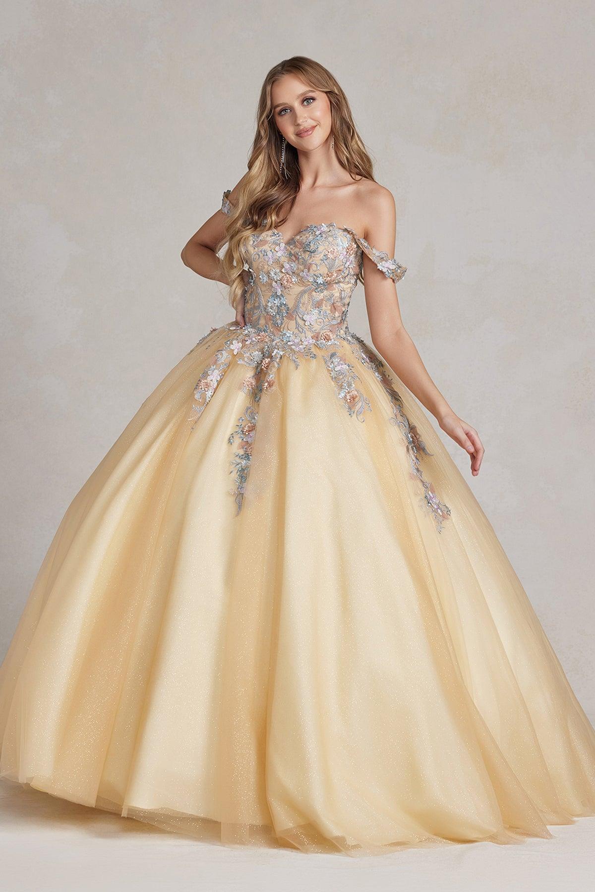 Nox Anabel JU809 Long Off Shoulder Quinceanera Dress Gold Multi