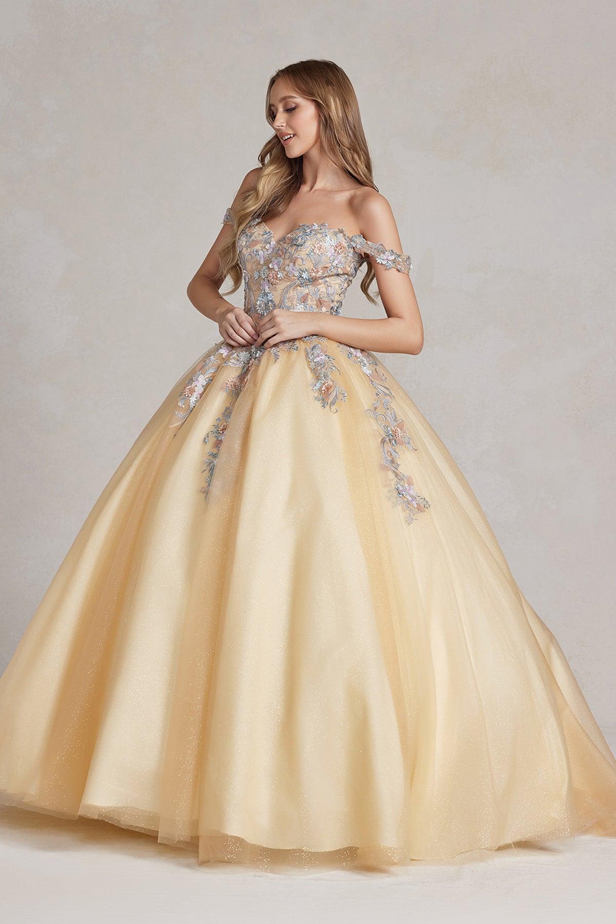 Nox Anabel JU809 Long Off Shoulder Quinceanera Dress Gold Multi