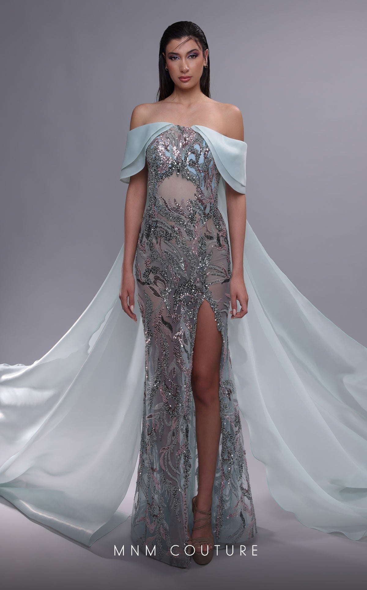 Formal Dresses Beaded Long Formal Tiered Slit Evening Dress Aqua
