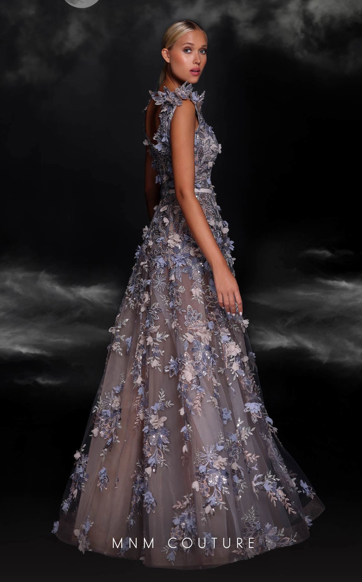 Formal Dresses A Line Long Beaded 3D Floral Applique Formal Dress Grey