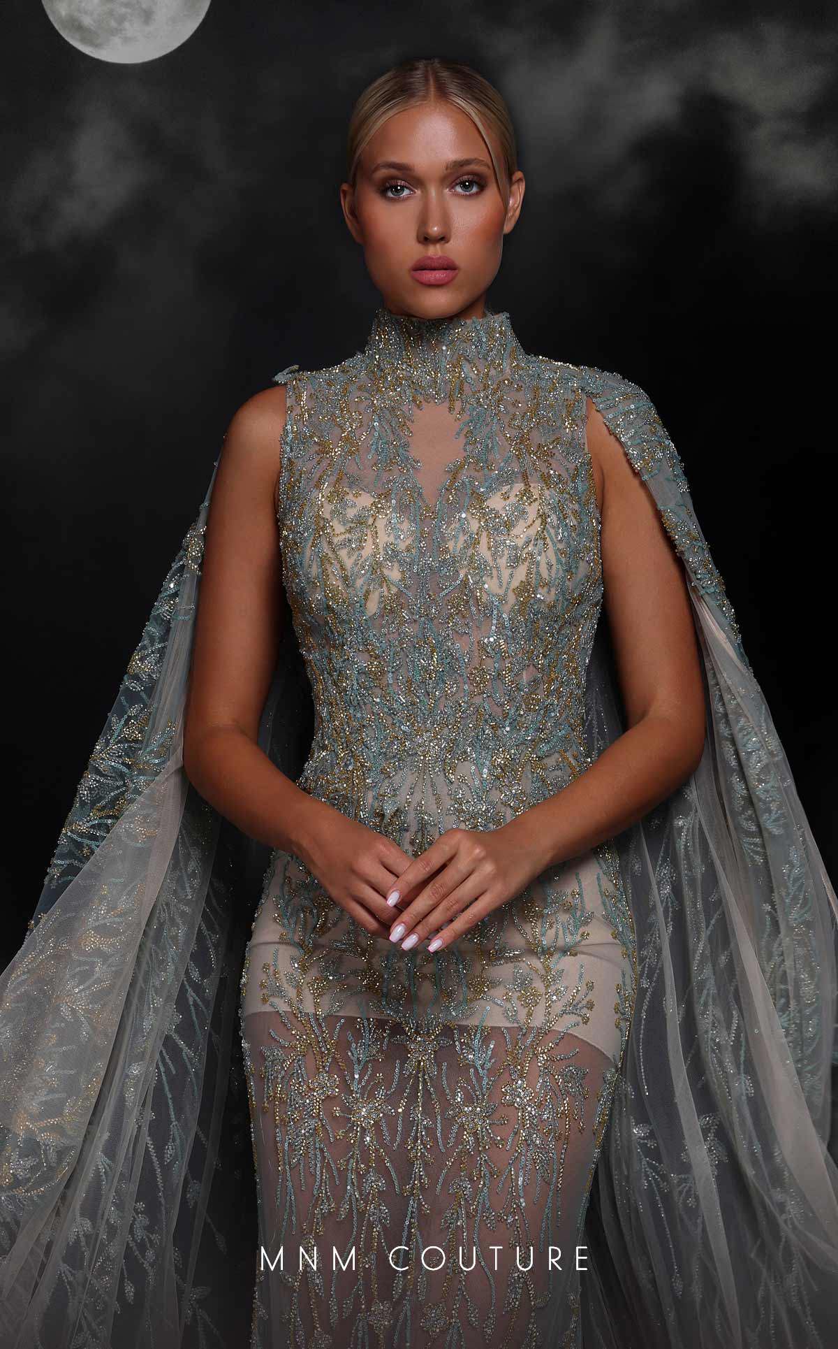 Formal Dresses Fitted Long Formal Beaded Cape Evening Prom Dress Tiffany