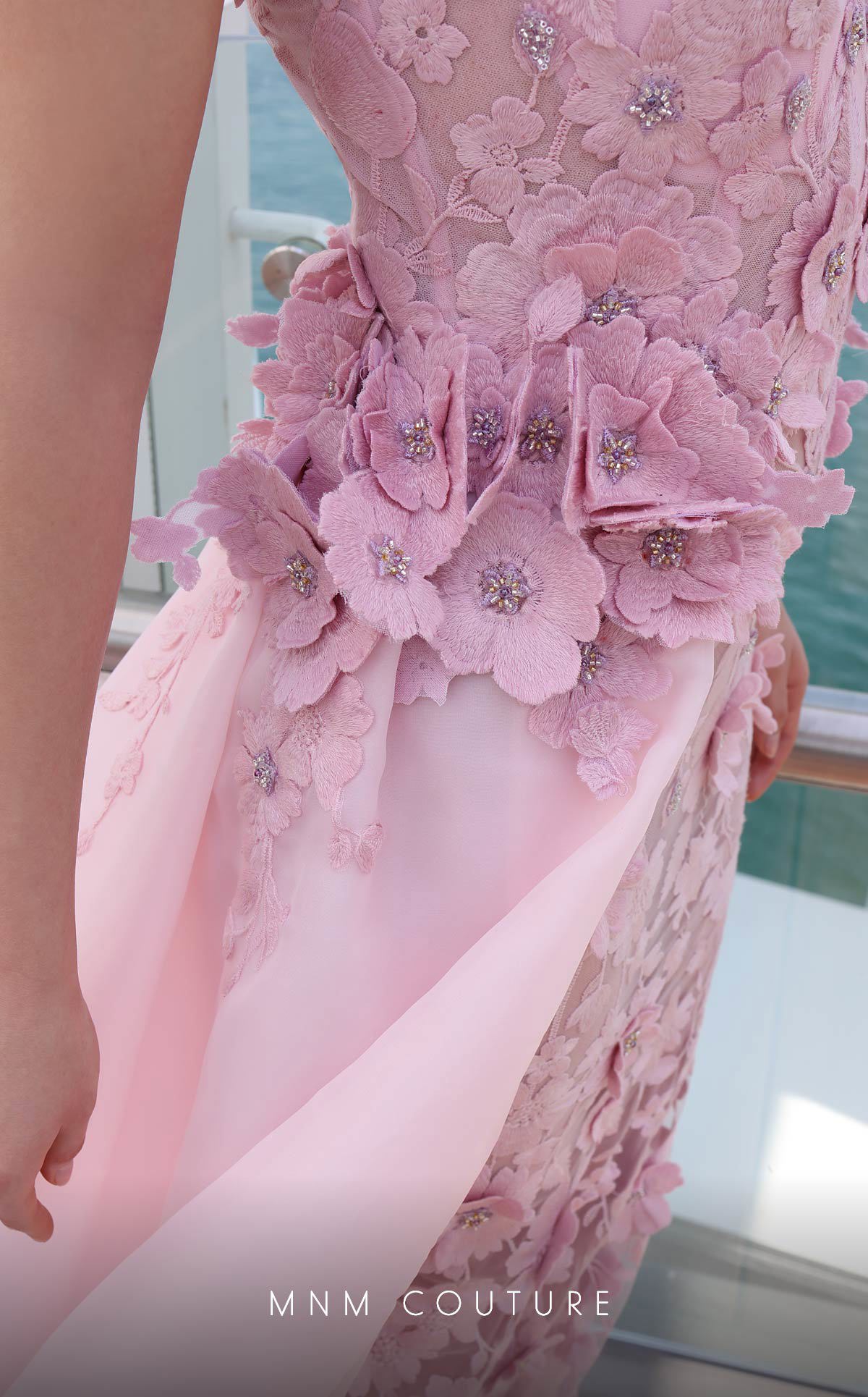 Formal Dresses Beaded Long Formal 3D Floral Applique Overskirt Prom Dress Pink