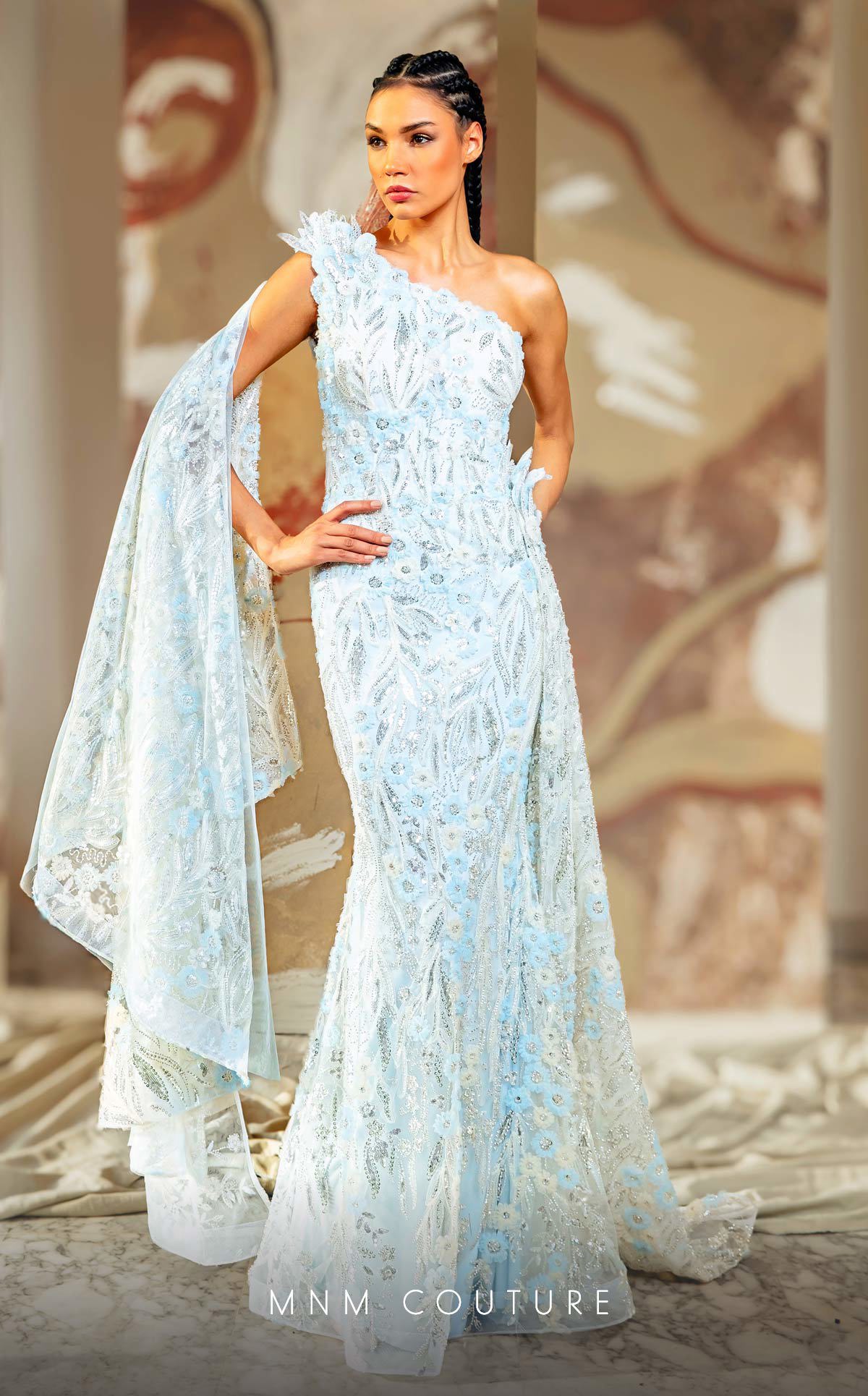Formal Dresses Long 3D Floral Applique Formal Overskirt Prom Dress Light Blue