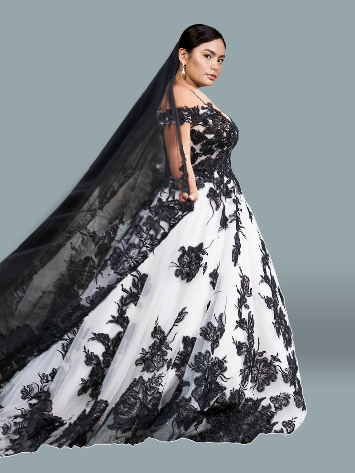 Plus Size Long Off-Shoulder Floral Wedding Gown – Black/White
