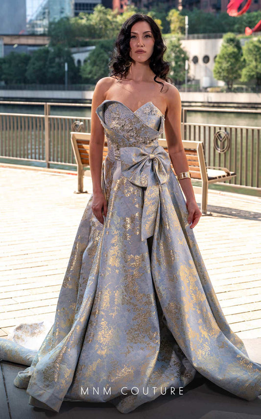 Formal Dresses Long Ball Gown Formal Beaded Slit Bow Evening Dress Blue