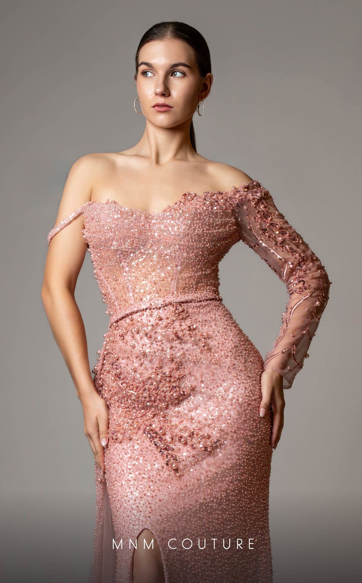 Prom Dresses Pleated Long Formal Beaded Sequin Corset Prom Dress Pink