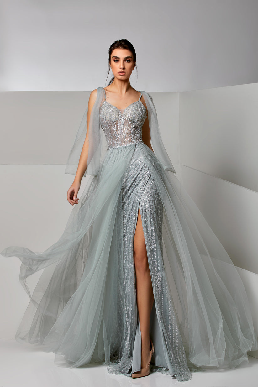 Prom Dresses Long Slit Formal Beaded Mermaid Prom Dress Frosty Green