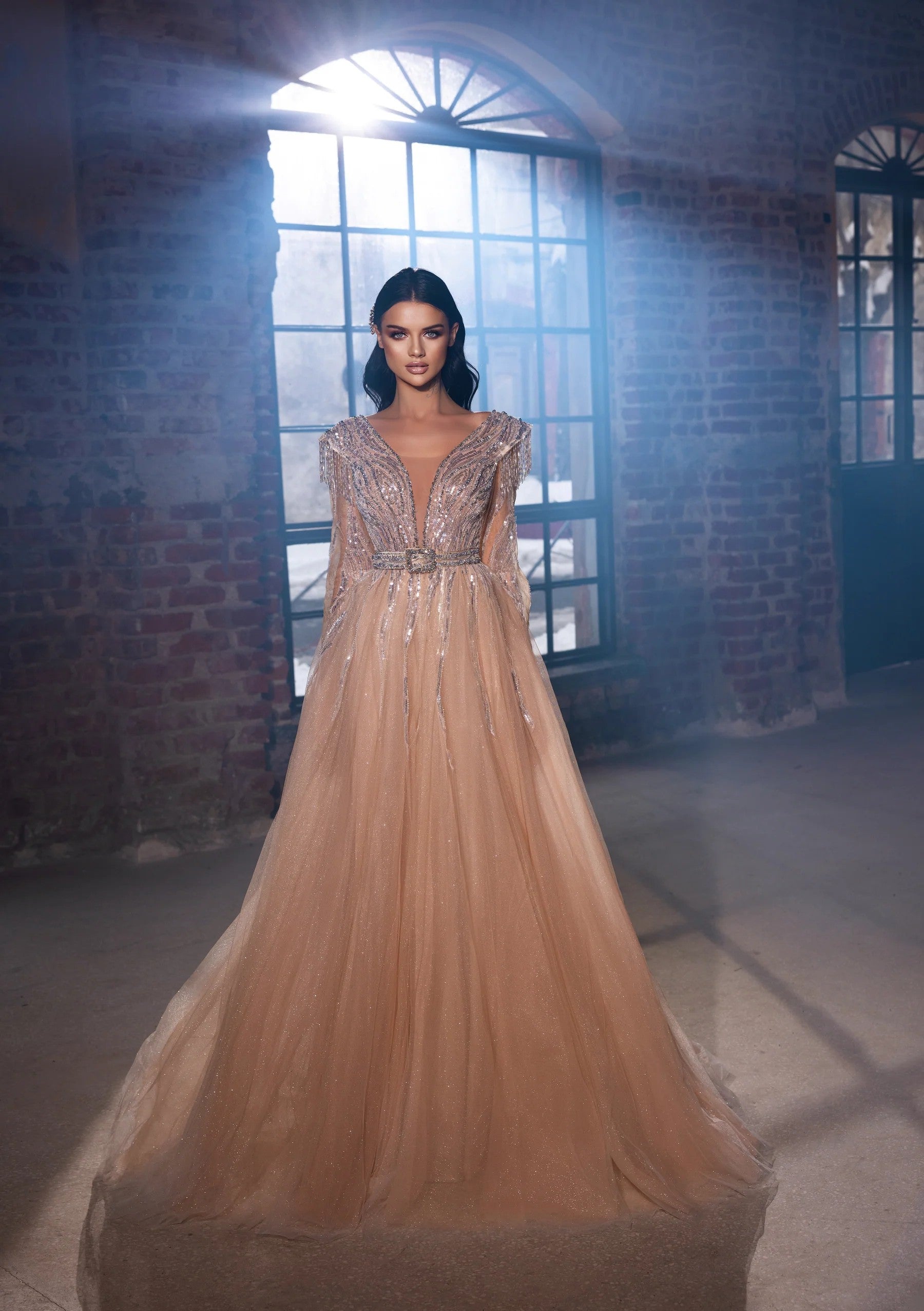 Formal Dresses A Line Long Sleeve Formal Sequin Evening Dress Salmon
