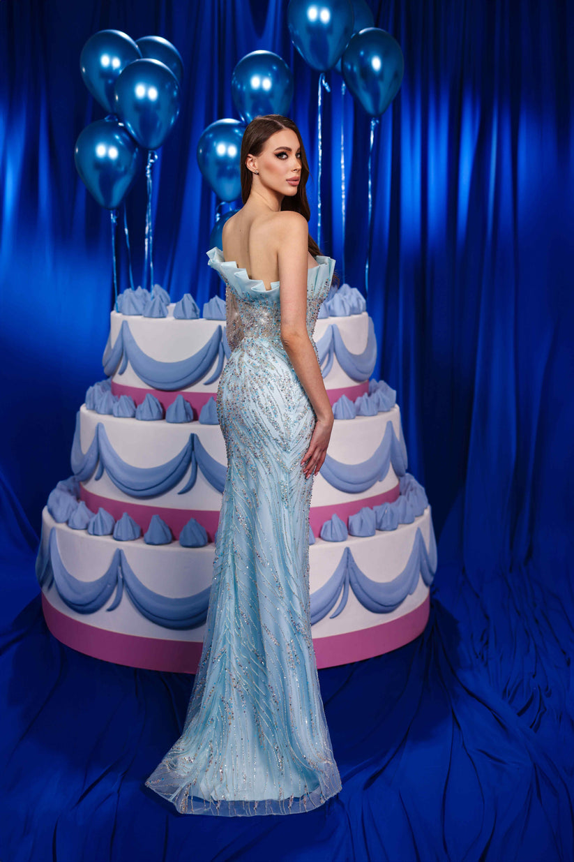 Prom Dresses Prom Pleated Slit Long Beaded Formal Dress Light Blue