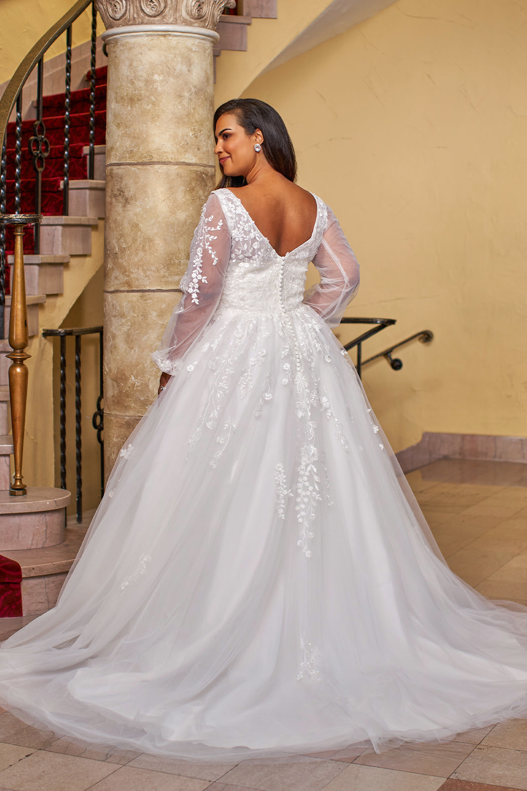 Plus Size Dresses Plus size Long Sleeve Floral Lace Wedding Dress Ivory/Ivory Mesh