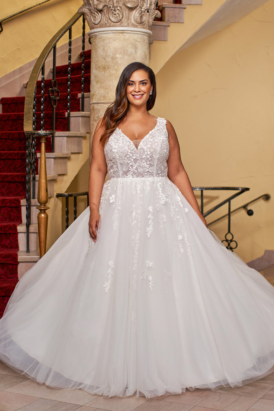 Plus Size Dresses Plus size Long Sleeve Floral Lace Wedding Dress Ivory/Ivory Mesh