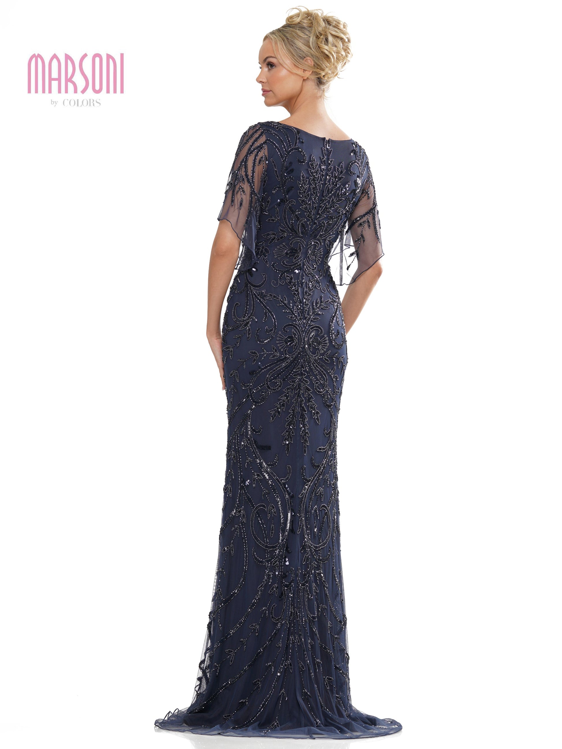 Mother of the Bride Dresses Mother of the Bride Long Beaded Mesh Short Sleeve Dress Navy