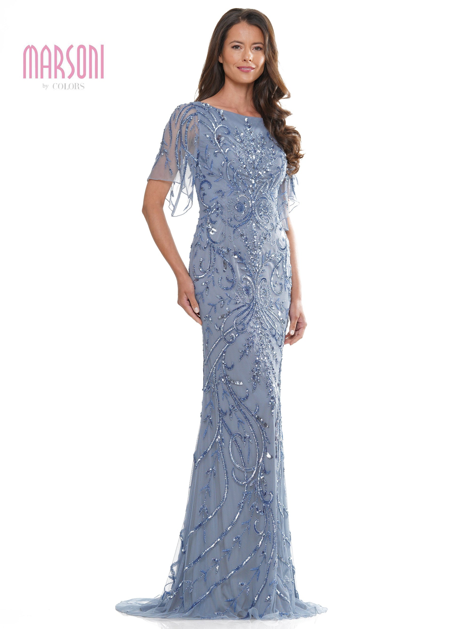 Mother of the Bride Dresses Mother of the Bride Long Beaded Mesh Short Sleeve Dress Slate Blue