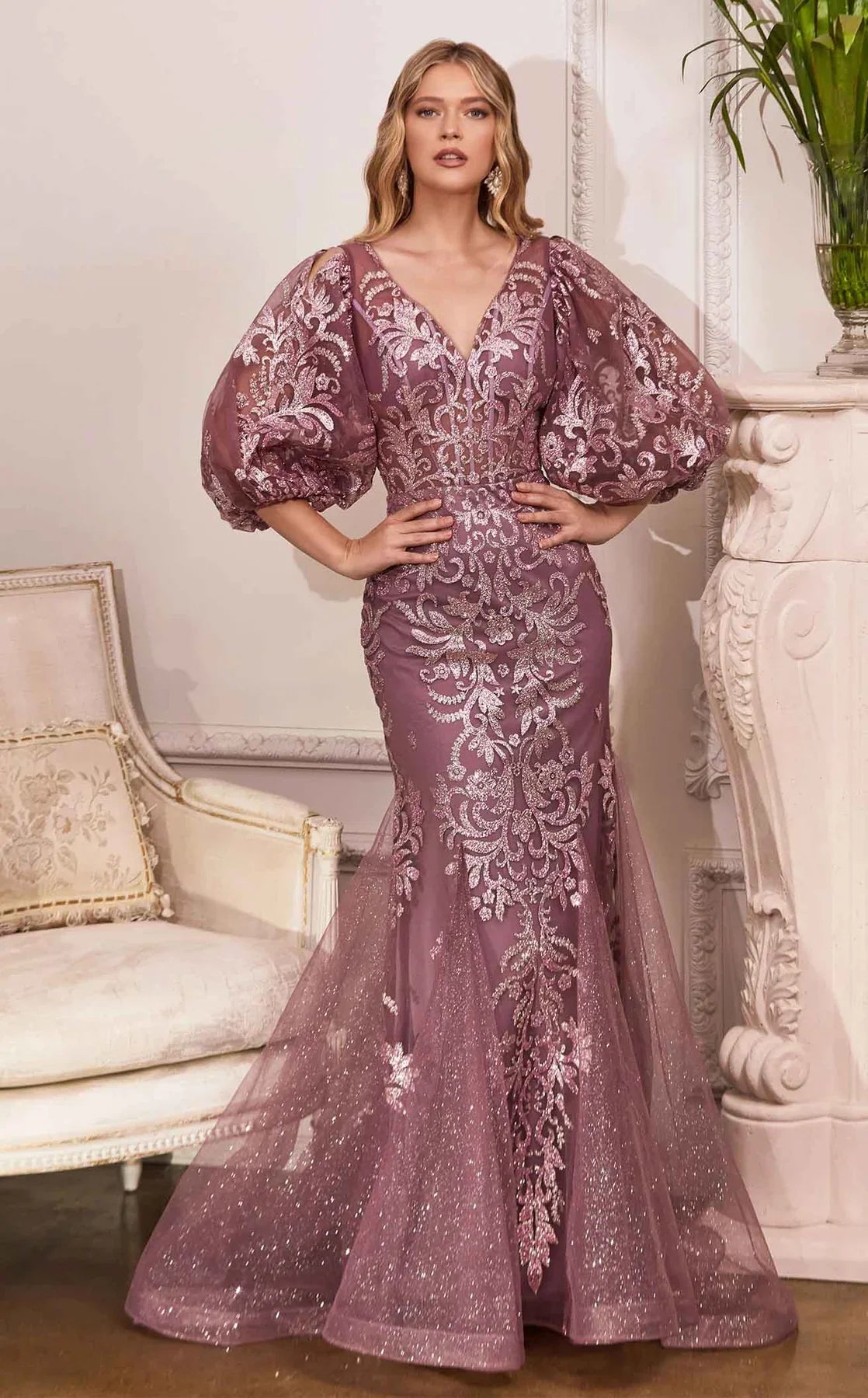 LaDivine OC009 Puff Sleeve Long Prom Dress