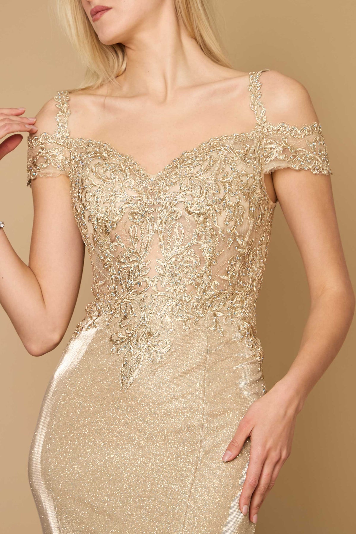 Long Off-the-Shoulder Lace Formal Evening Dress – Gold