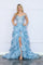 Prom Dresses Raffled Lace Long Prom High Slit Gown Light Blue