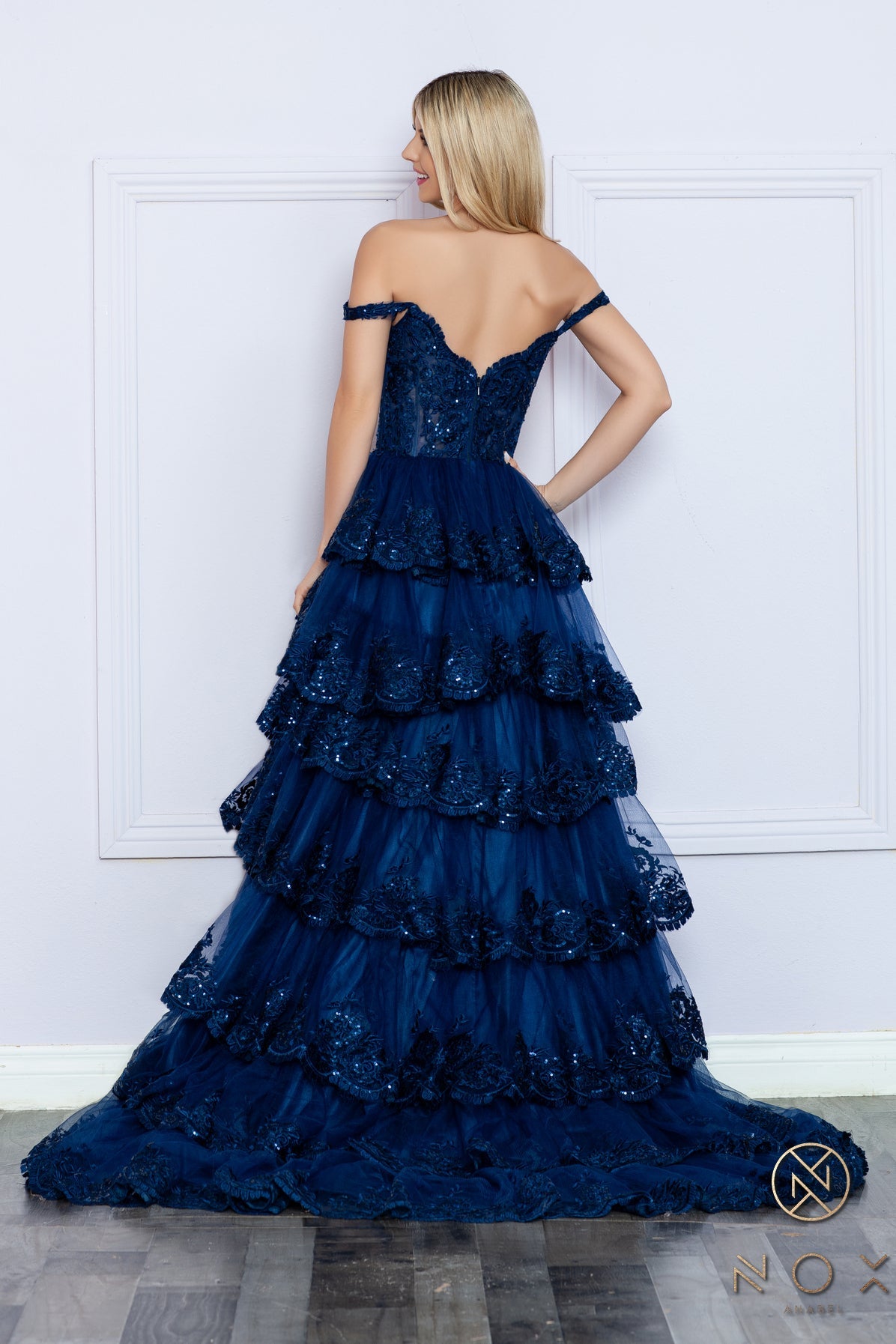 Prom Dresses Raffled Lace Long Prom High Slit Gown Navy Blue