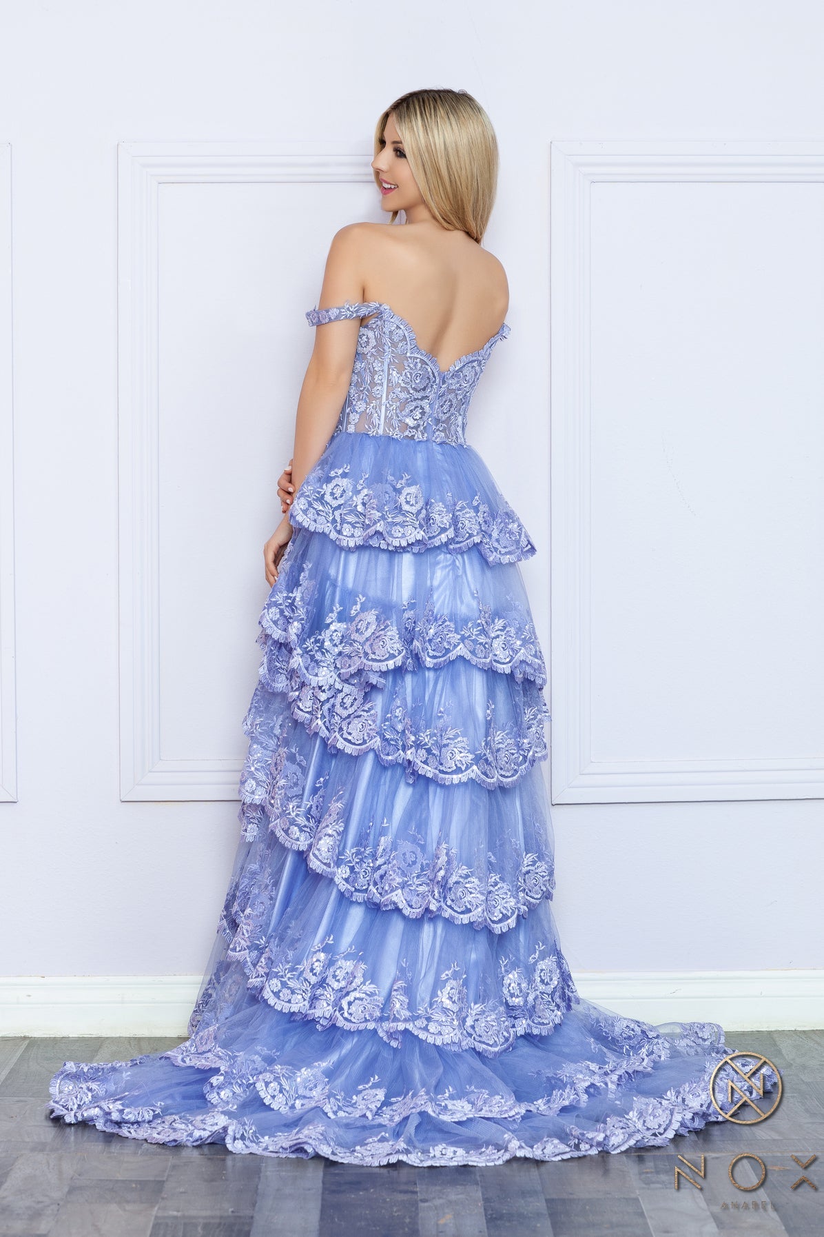 Prom Dresses Raffled Lace Long Prom High Slit Gown Periwinkle