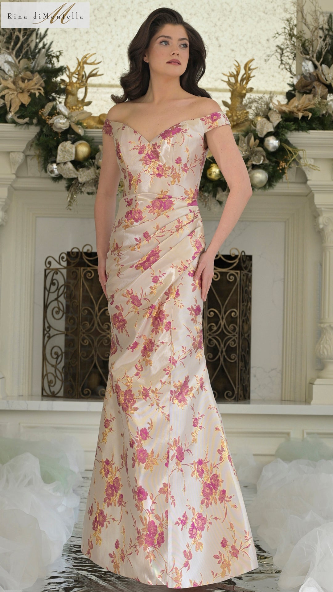 Formal Dresses Fitted Long Formal Pleated Floral Evening Dress Pink Multi