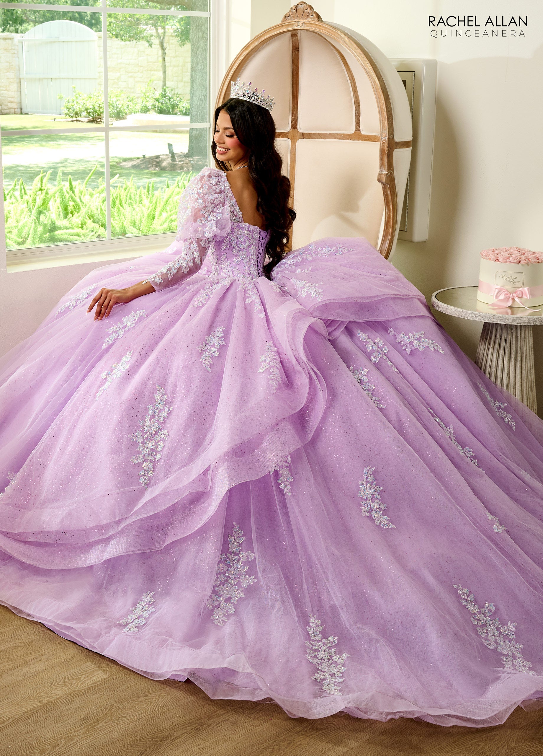 Quinceniera Dresses Detachable Long Sleeve Quinceniera Applique Ball Gown Lilac Iridescent