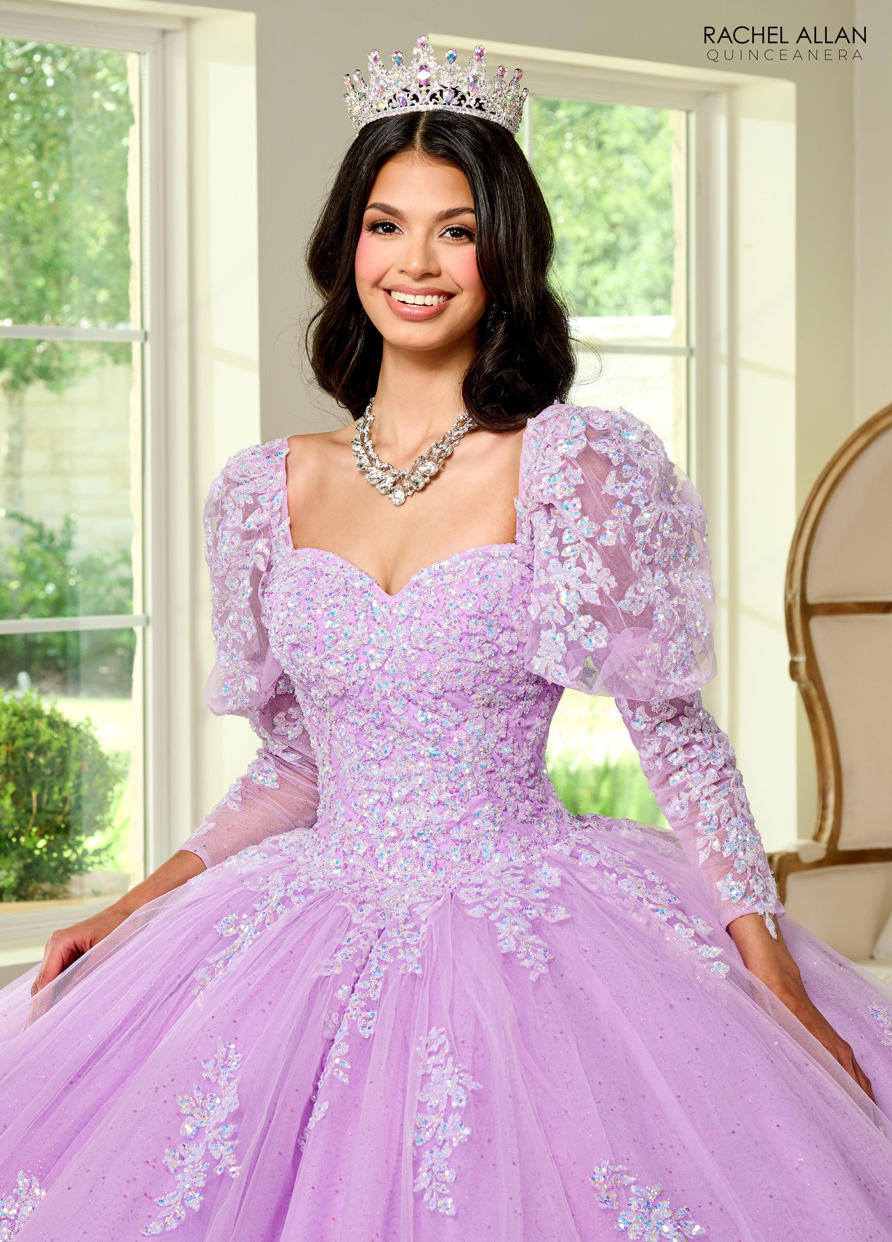 Quinceniera Dresses Detachable Long Sleeve Quinceniera Applique Ball Gown Lilac Iridescent