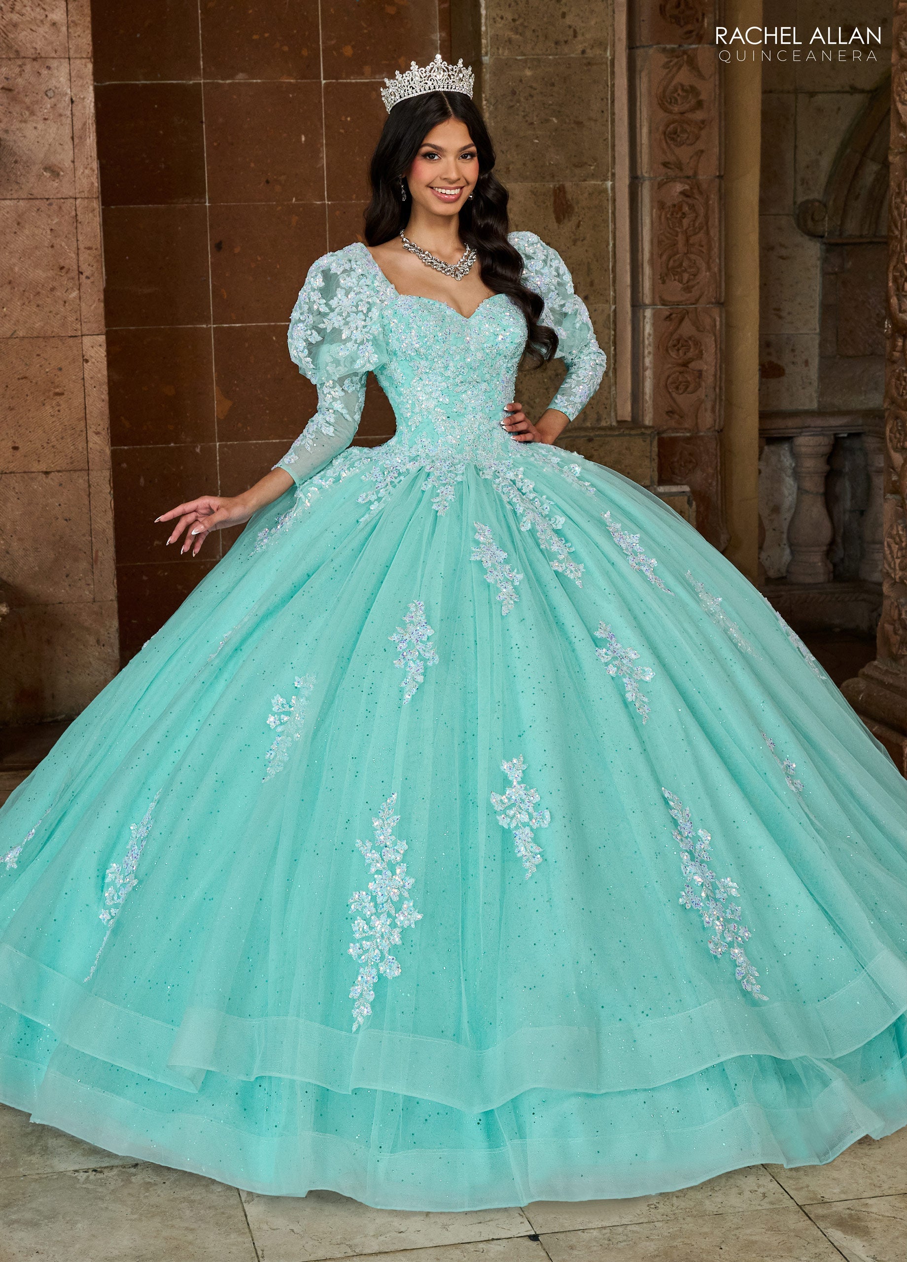 Quinceniera Dresses Detachable Long Sleeve Quinceniera Applique Ball Gown Mint Iridescent