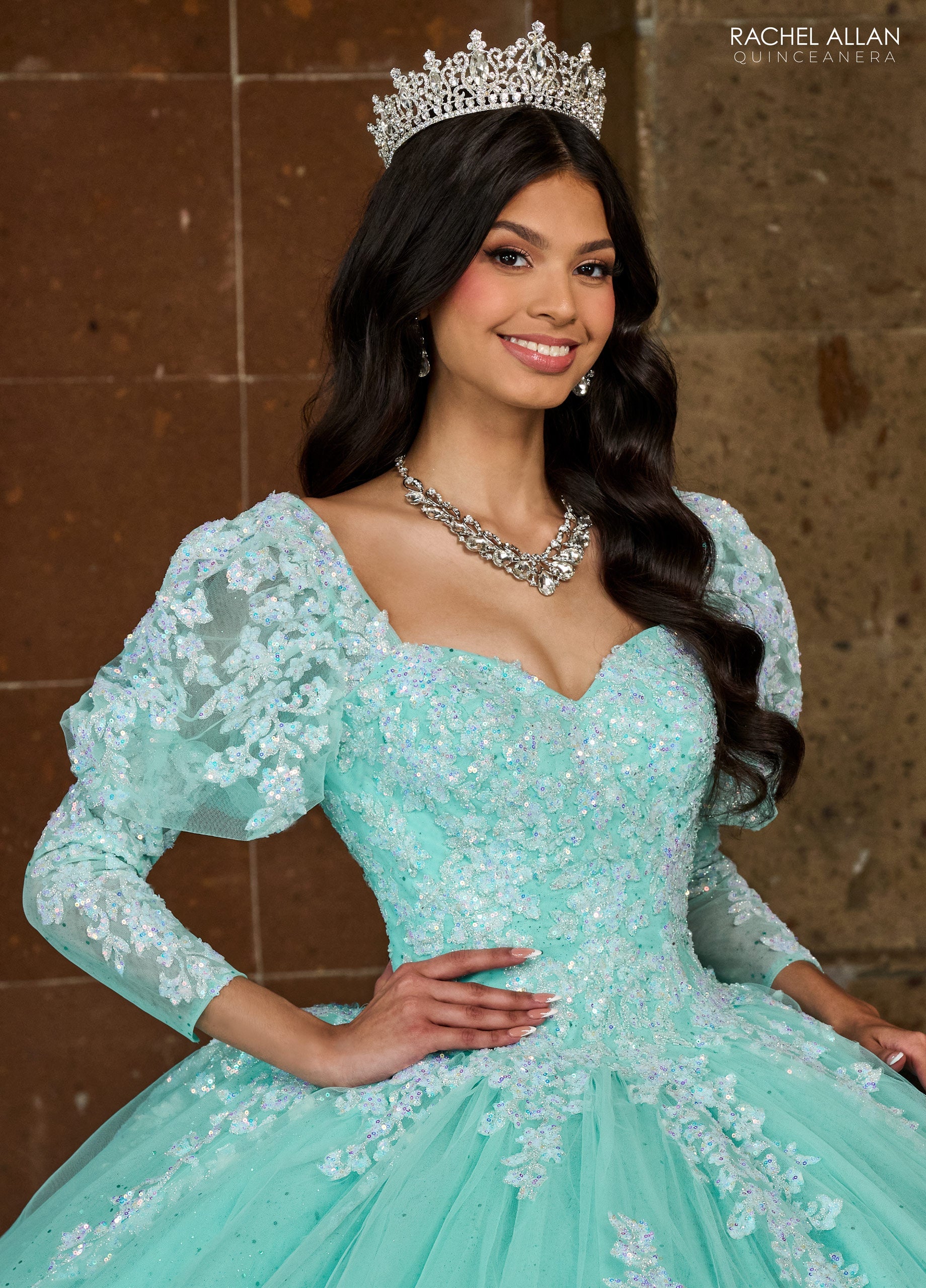 Quinceniera Dresses Detachable Long Sleeve Quinceniera Applique Ball Gown Mint Iridescent
