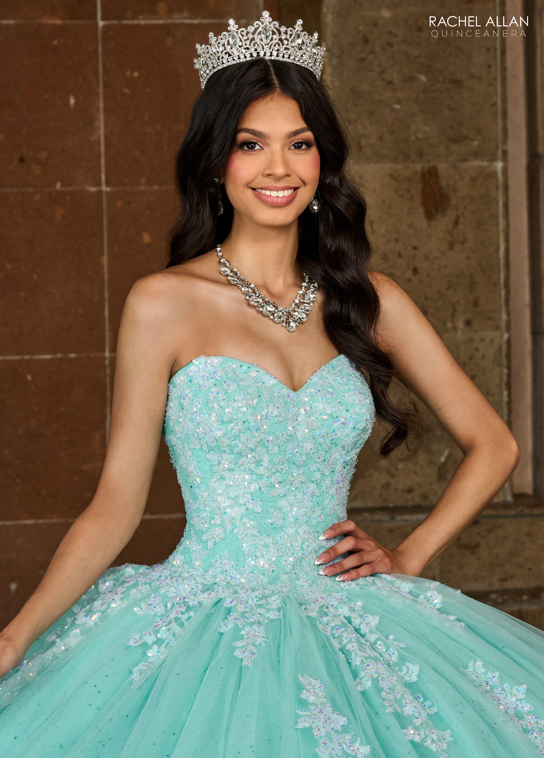 Quinceniera Dresses Detachable Long Sleeve Quinceniera Applique Ball Gown Mint Iridescent