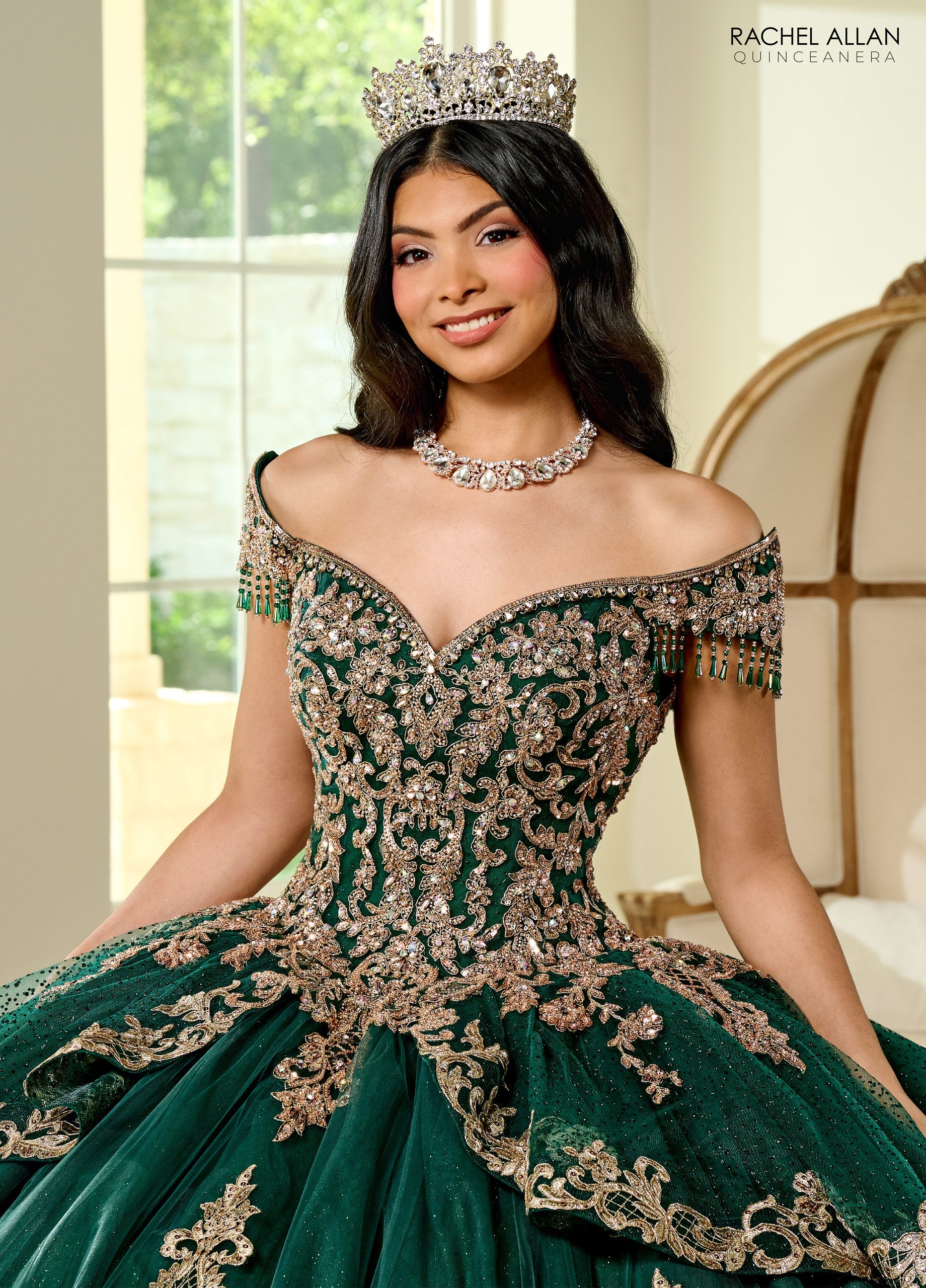 Quinceanera Dresses Long Quinceanera Fringe Ball Gown Emerald Gold