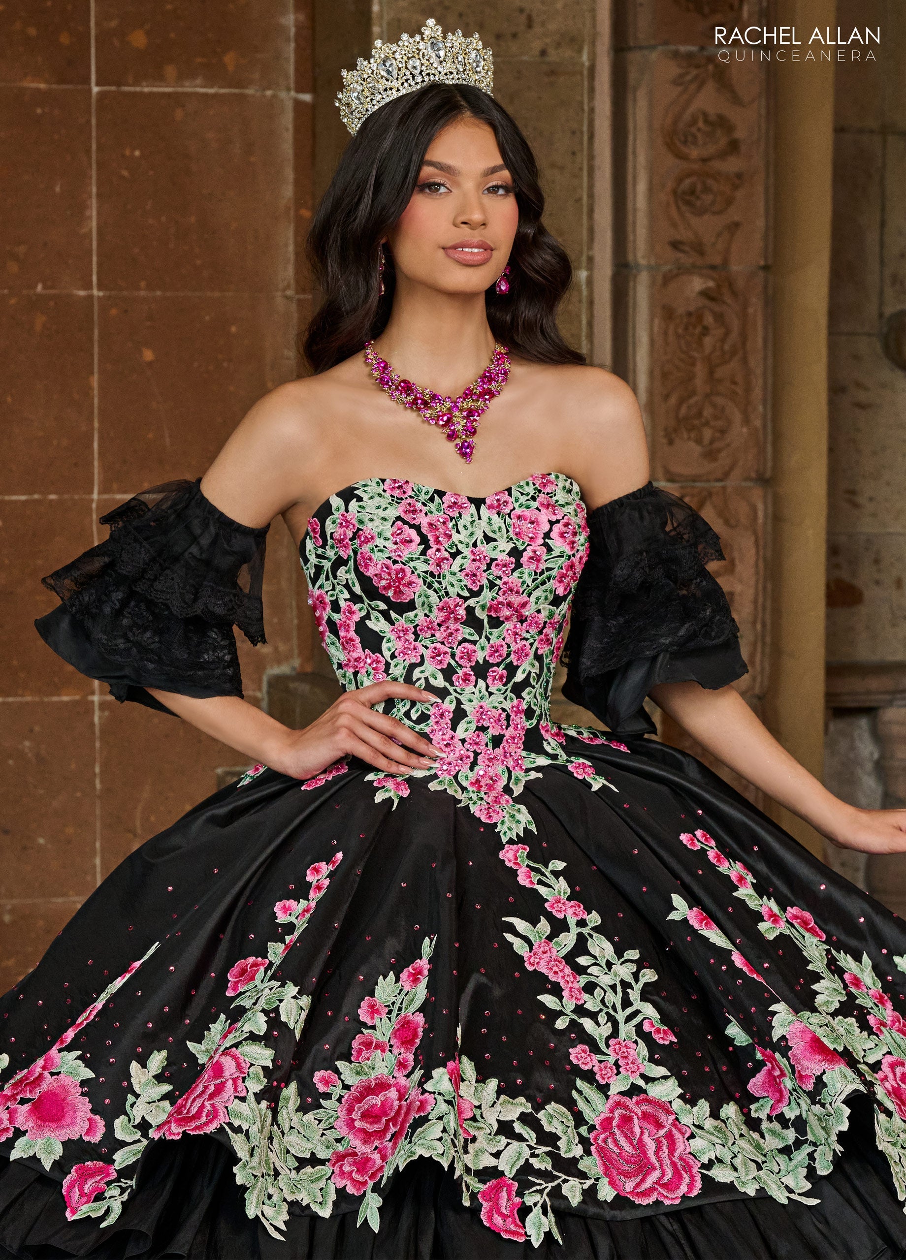 Quinceanera Dresses Long Quinceanera Detachable Sleeve Ball Gown Black Multi