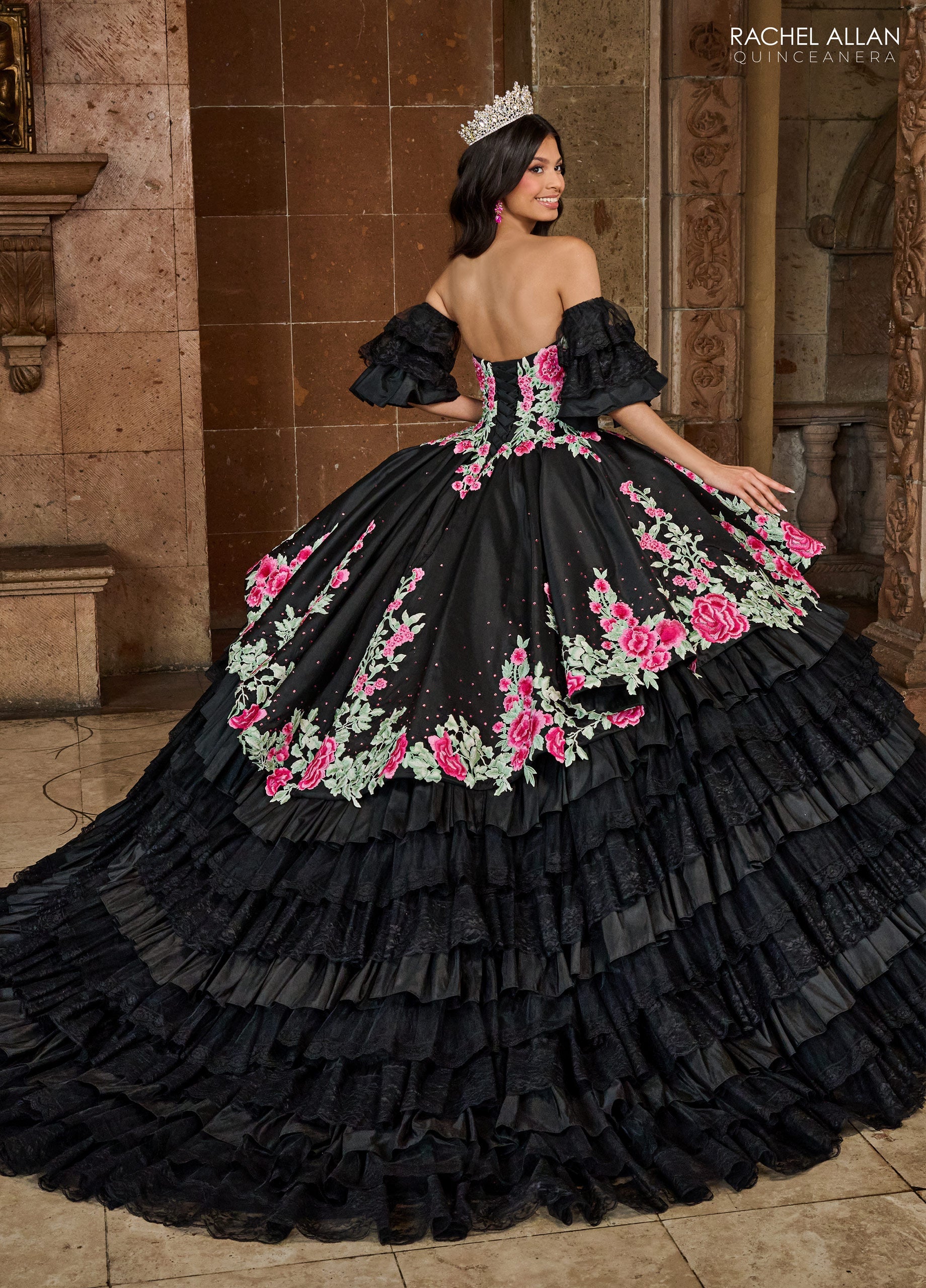 Quinceanera Dresses Long Quinceanera Detachable Sleeve Ball Gown Black Multi