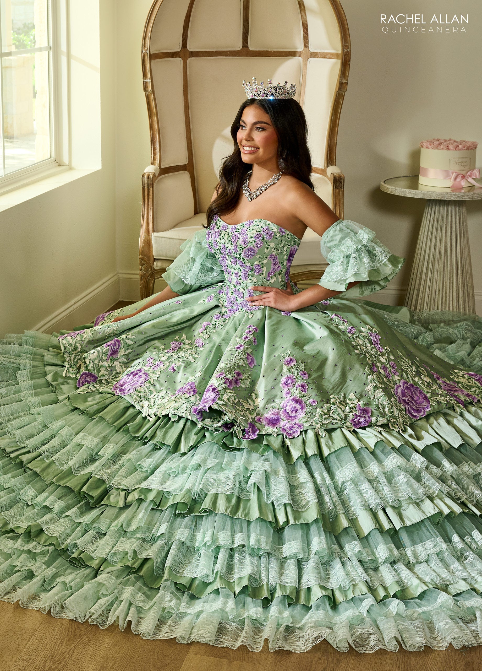 Quinceanera Dresses Long Quinceanera Detachable Sleeve Ball Gown Sage Multi