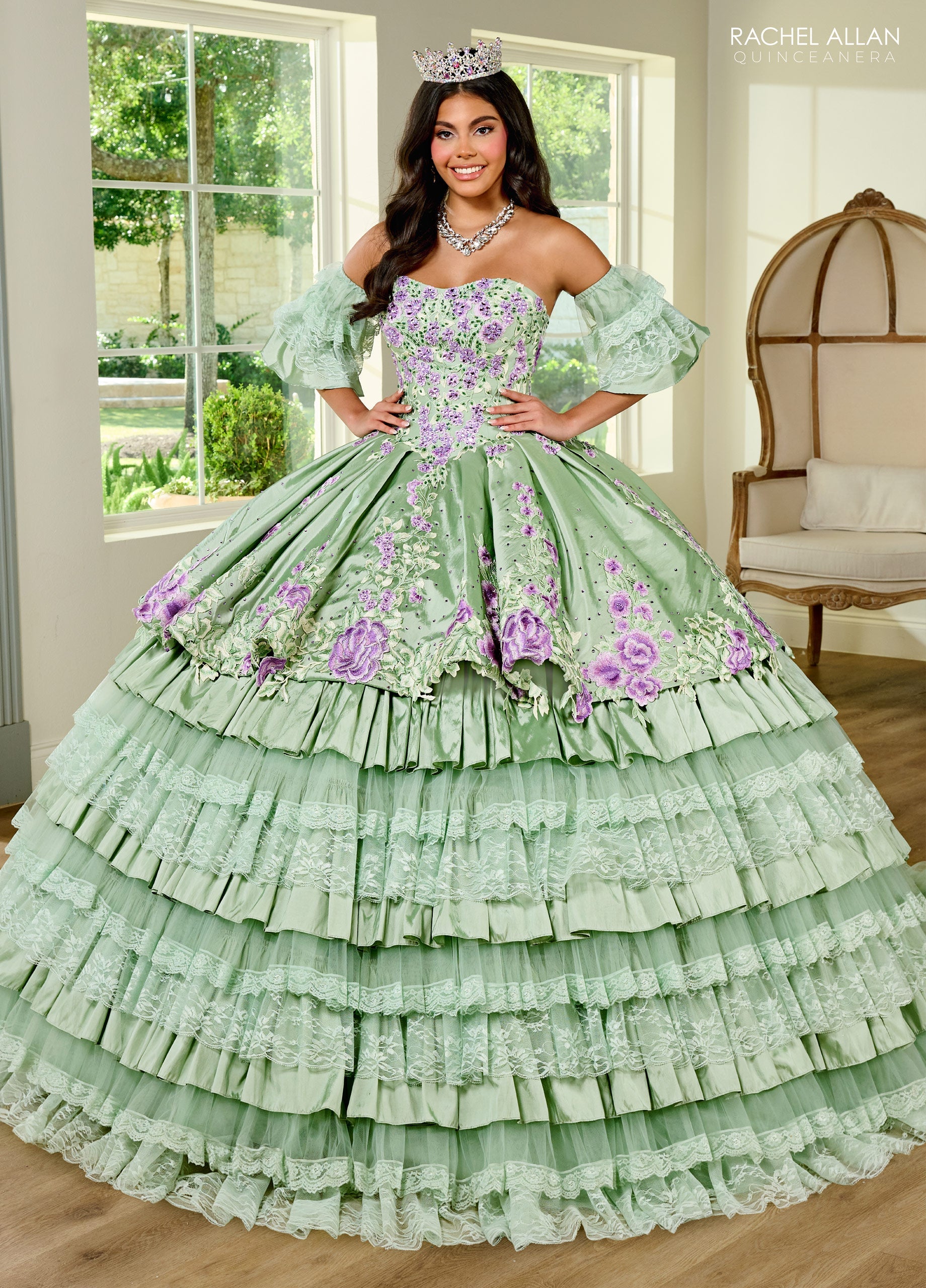 Quinceanera Dresses Long Quinceanera Detachable Sleeve Ball Gown Sage Multi