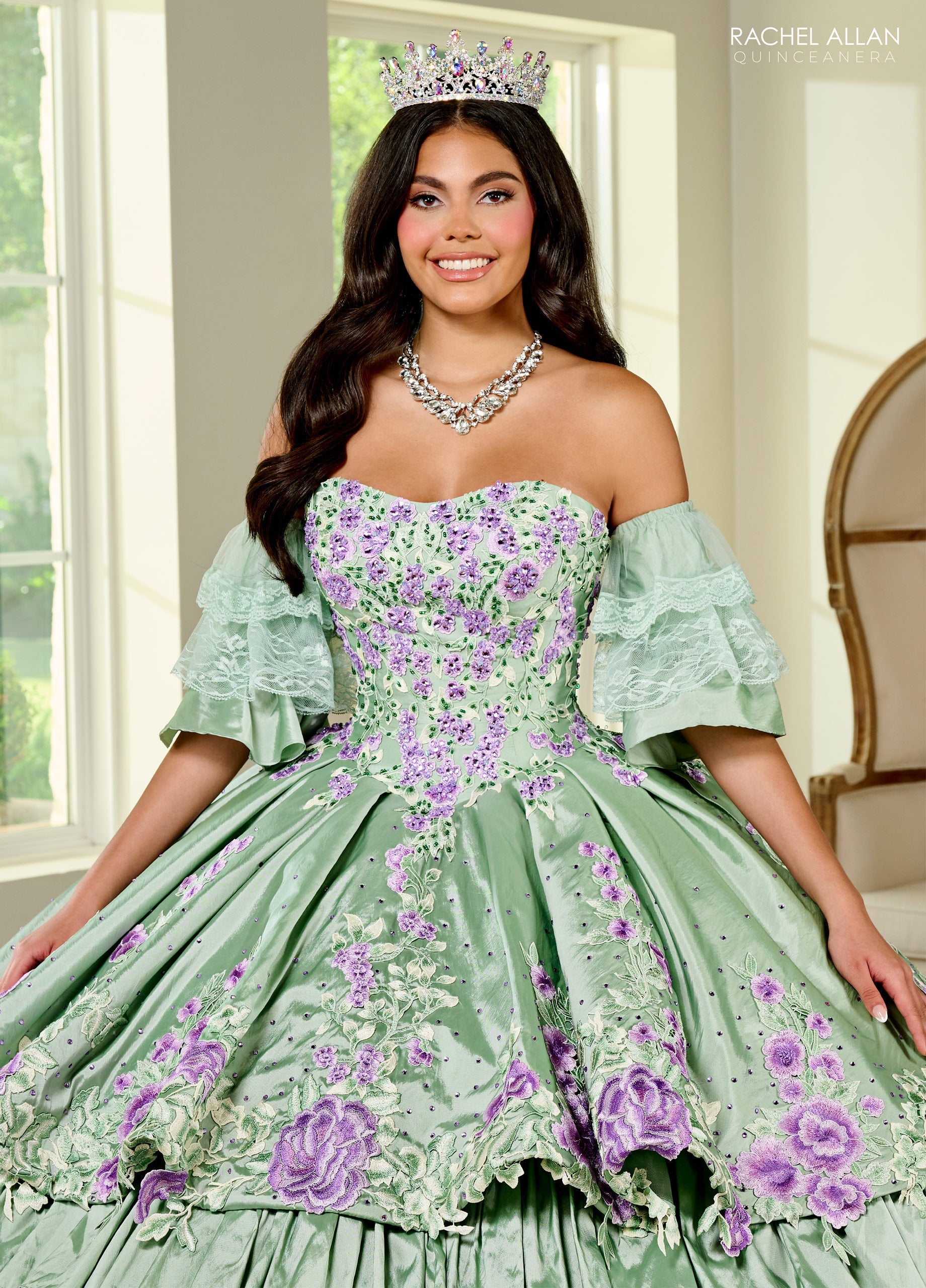 Quinceanera Dresses Long Quinceanera Detachable Sleeve Ball Gown Sage Multi