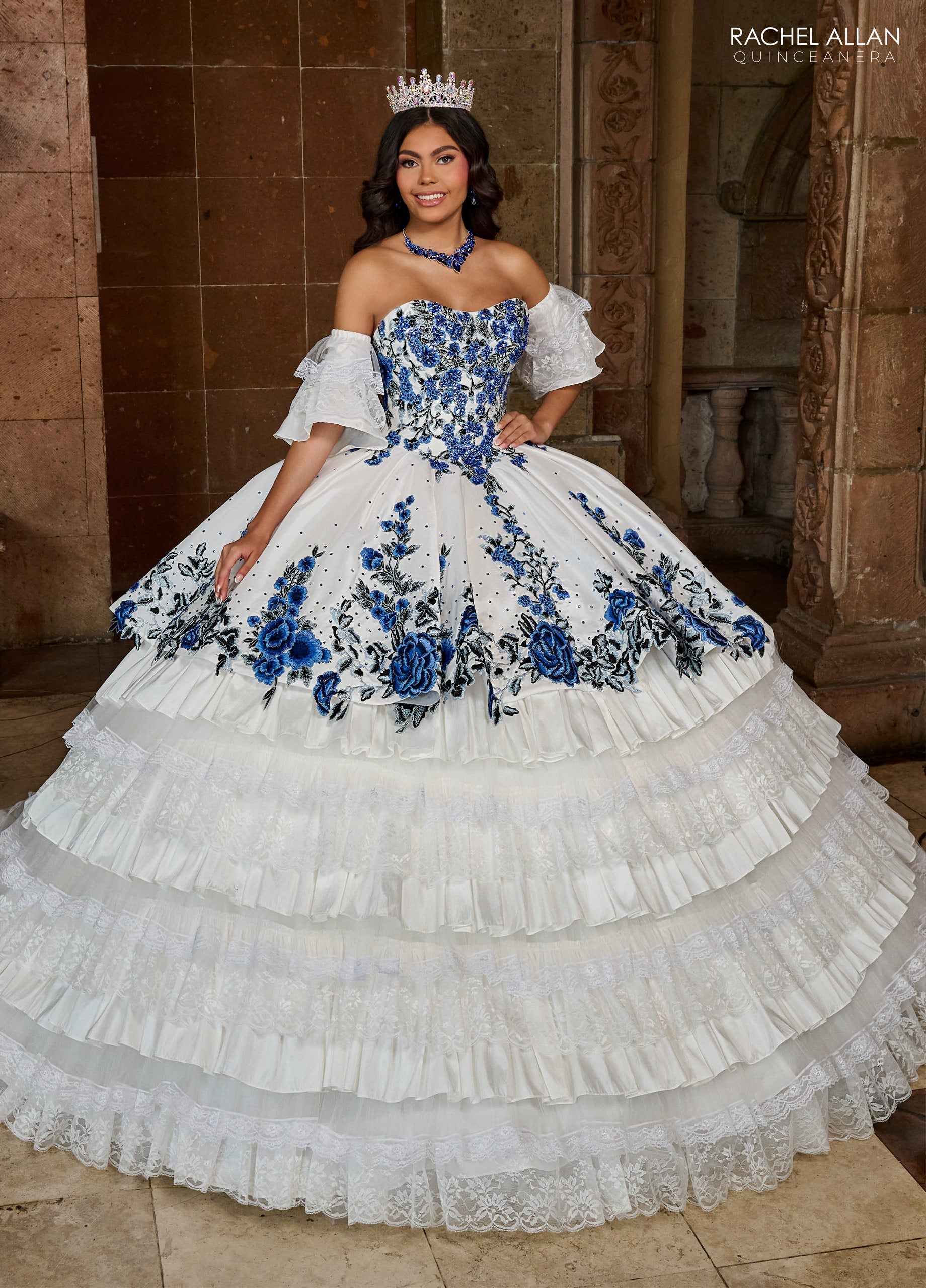 Quinceanera Dresses Long Quinceanera Detachable Sleeve Ball Gown White Multi
