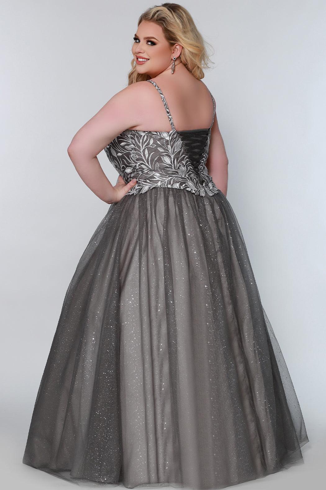 Long Plus Size Ball Gown Glitter Prom Dress Platinum