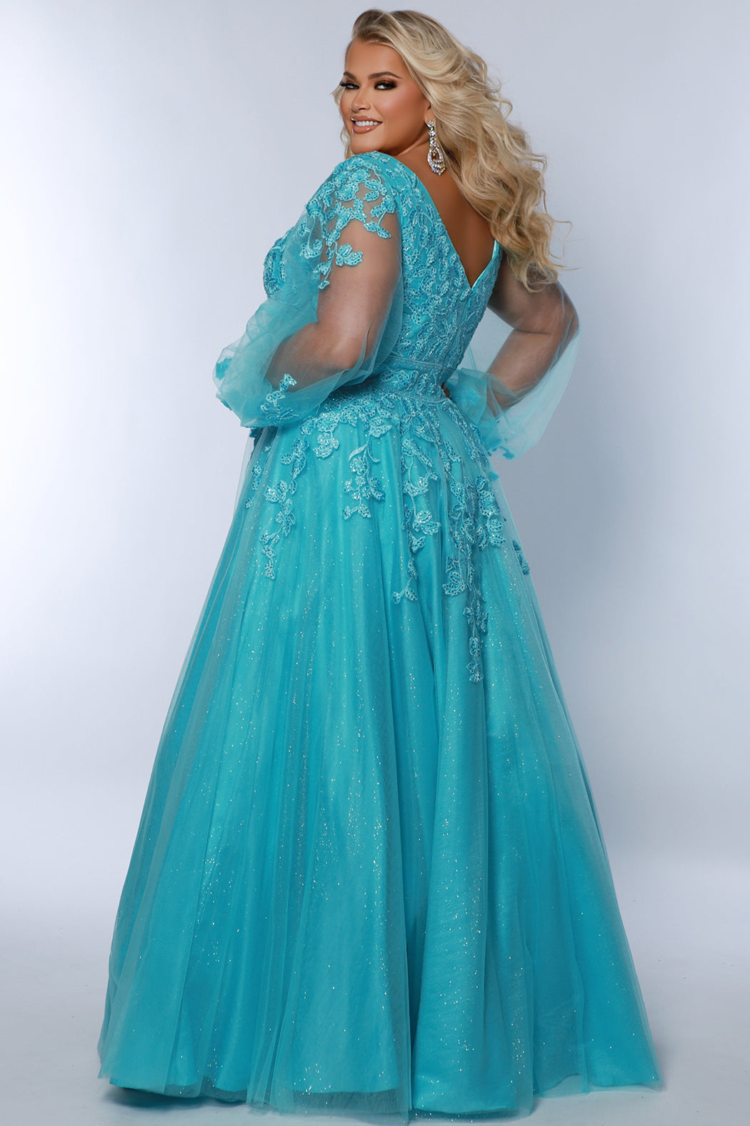 Plus Size DressesLong Floral Lace Applique Plus Size Formal Dress Capri Blue