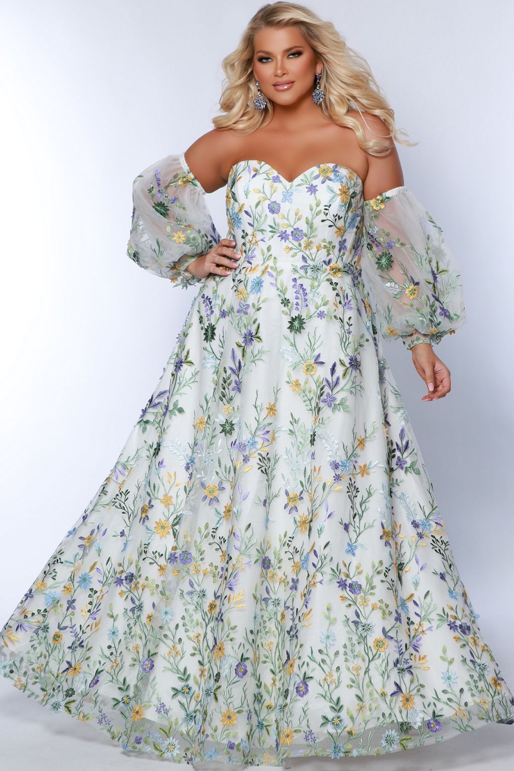 Plus Size Dresses Long Floral Pattern A Line Prom Plus Size Dress Ivory Floral