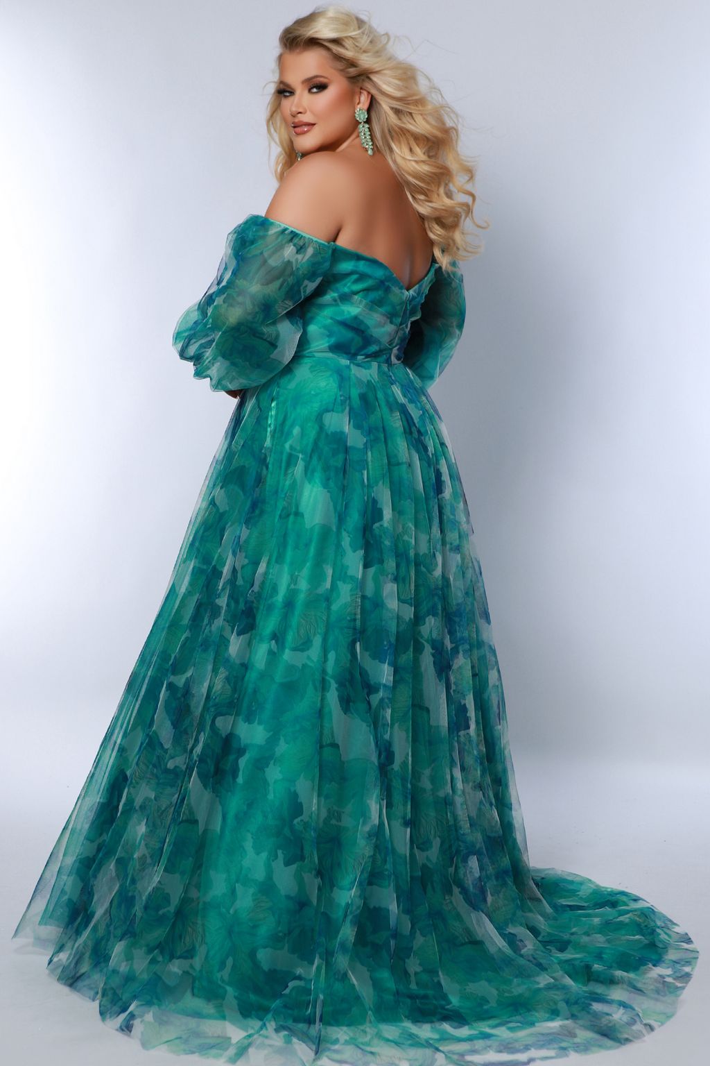 Plus Size Dresses Printed A Line Long Floral Slit Plus Size Prom Dress  Green Floral