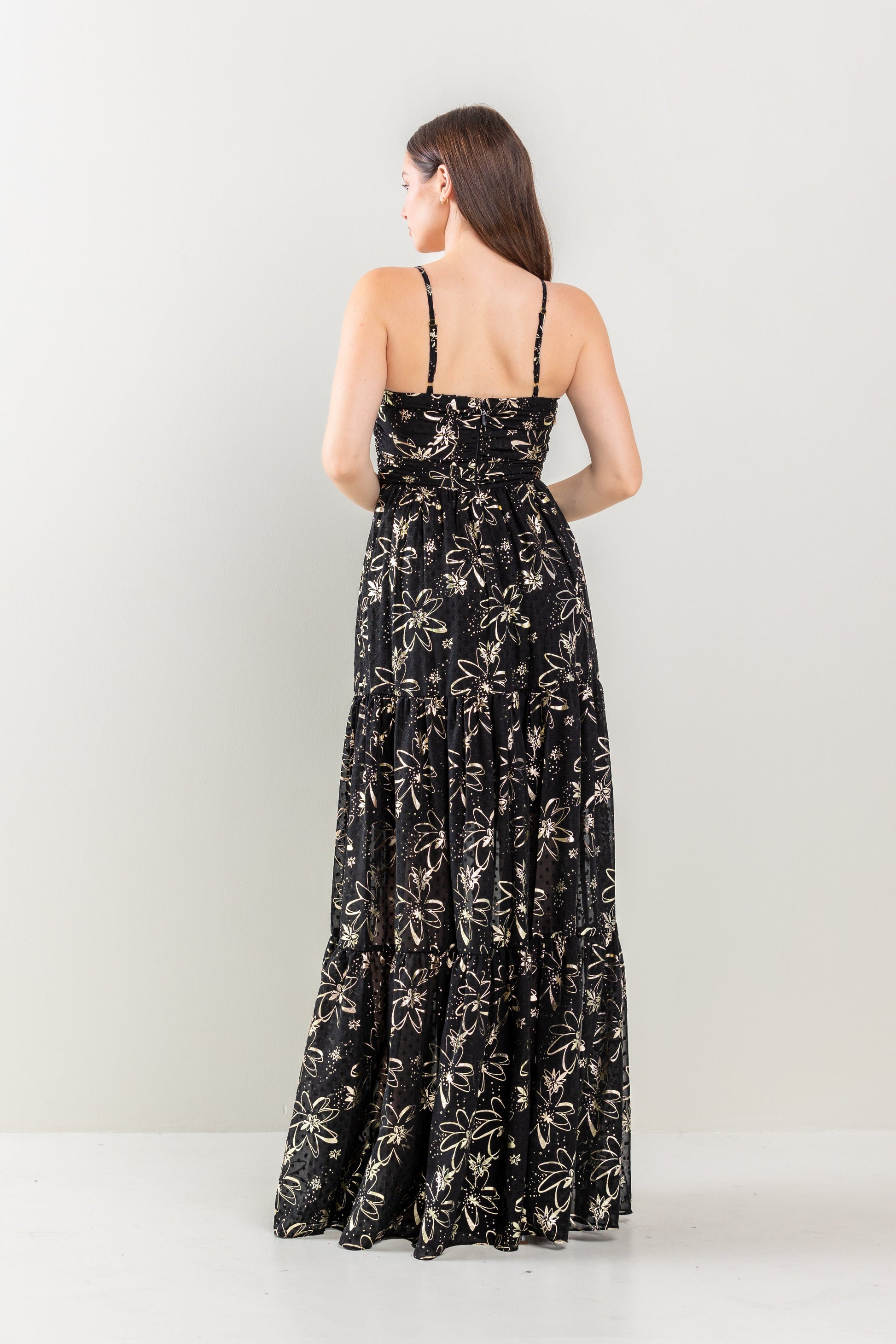 Formal Dresses Long Floral Print Tiered Maxi Dress Black/Gold