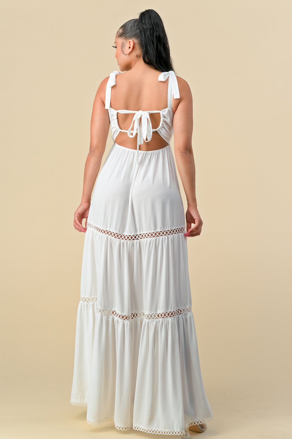 Formal Dresses Long Shoulder Tie Scallop Maxi Dress Off White