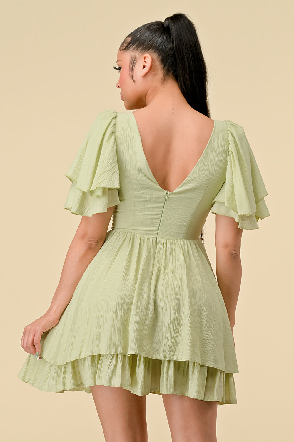 Cocktail Dresses Short Ruffle Sleeve V Neck Mini Dress Sage