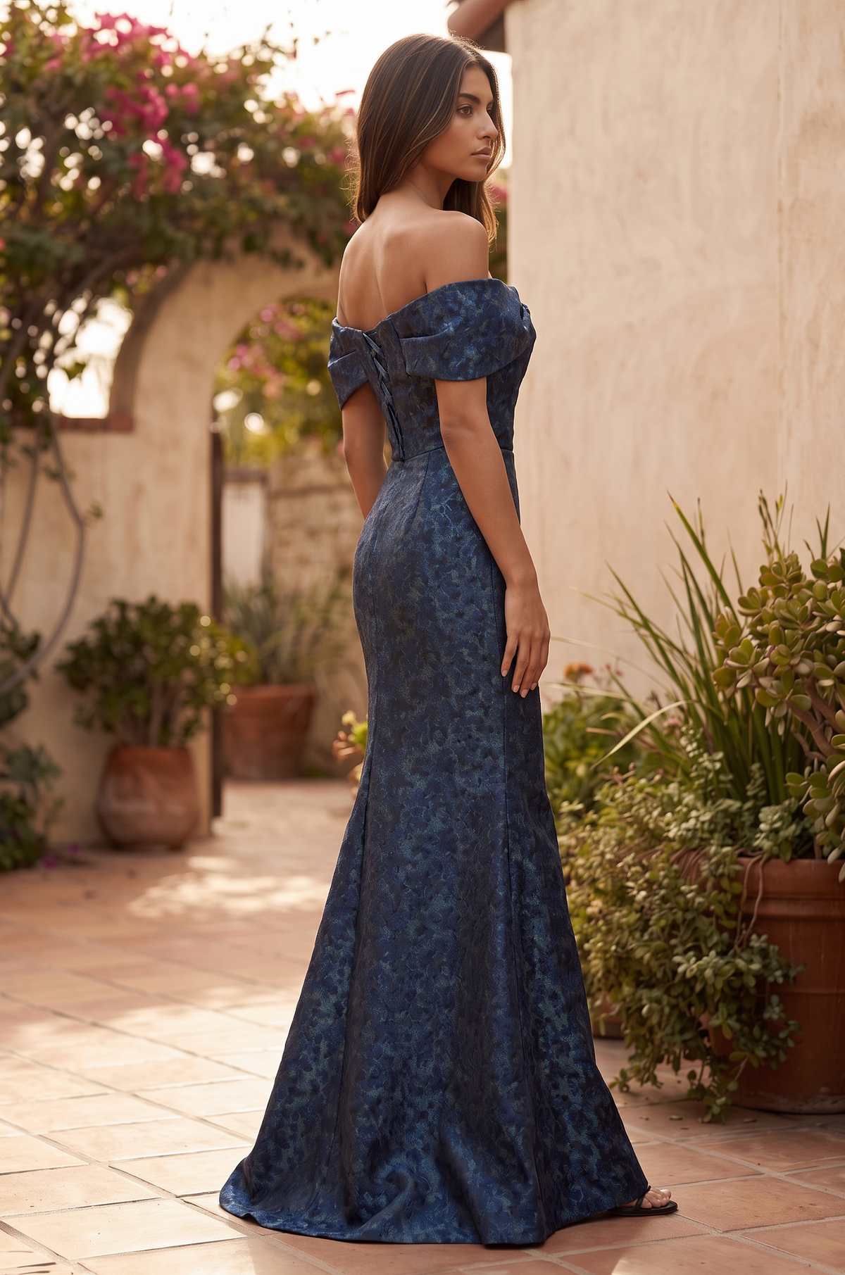 Off-the-Shoulder Floral Jacquard Mermaid Evening Formal Dress – Pink