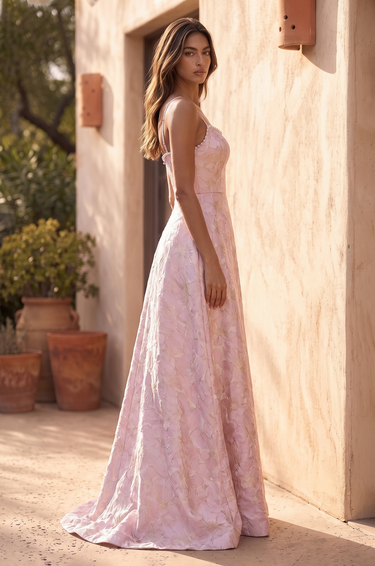 Floral Jacquard A-Line Gown – Pink