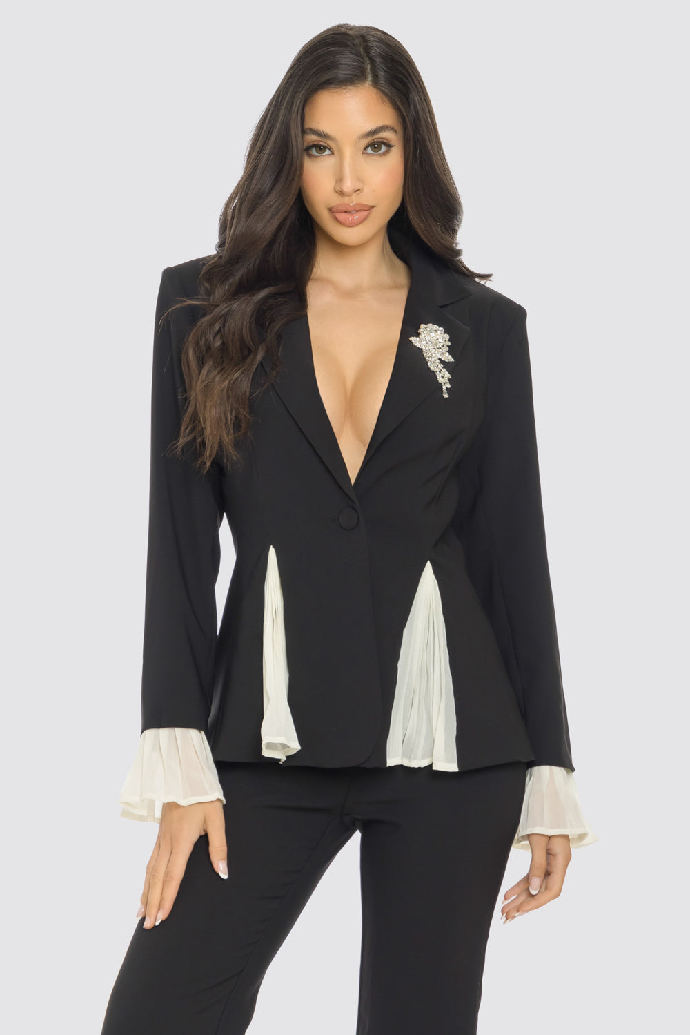 Pant Suit Pleated Contrast Inset Blazer Pant Set Black